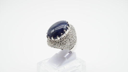 38-Carat Blue Sapphire Oversized Ring – 18K Rhodium-Plated Sterling Silver
