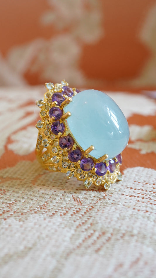 35-Carat Aquamarine, Amethyst & White Topaz Ring – 18K Gold Plated Sterling Silver