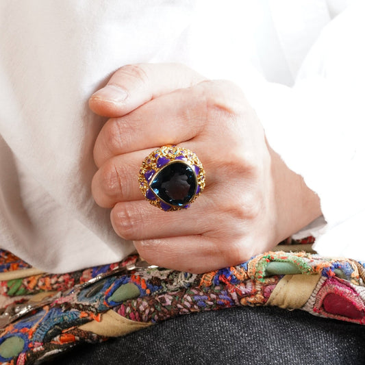 30-Carat London Blue Topaz & Enamel Statement Ring – 18K Gold-Plated Sterling Silver