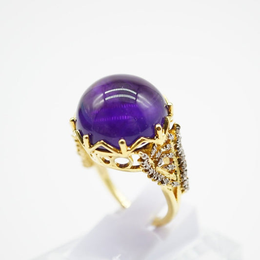 40-Carat Amethyst Cabochon & White Topaz Ring – 18K Gold Plated Sterling Silver