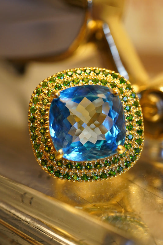 30-Carat Swiss Blue Topaz & Green Chrome Diopside Ring – 18K Gold Plated Sterling Silver