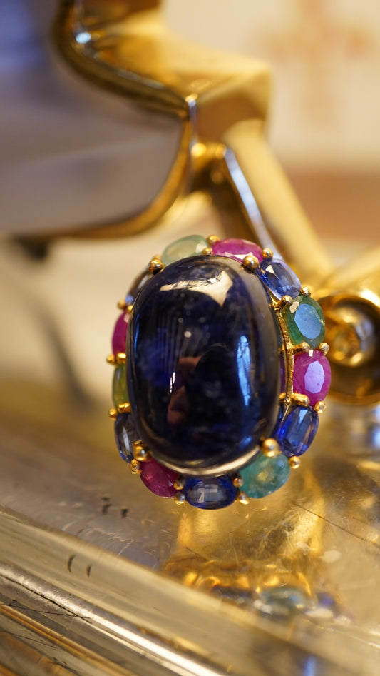 Victorian Blue Cabochon Sapphire Ring with Single-Cut Rubies, Sapphires, and Emeralds | 18k White Gold Plated