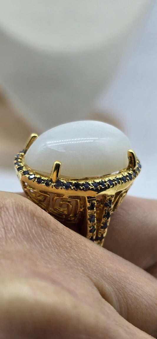 Moonstone & Sapphire Ring – Rhodium-Plated Sterling Silver