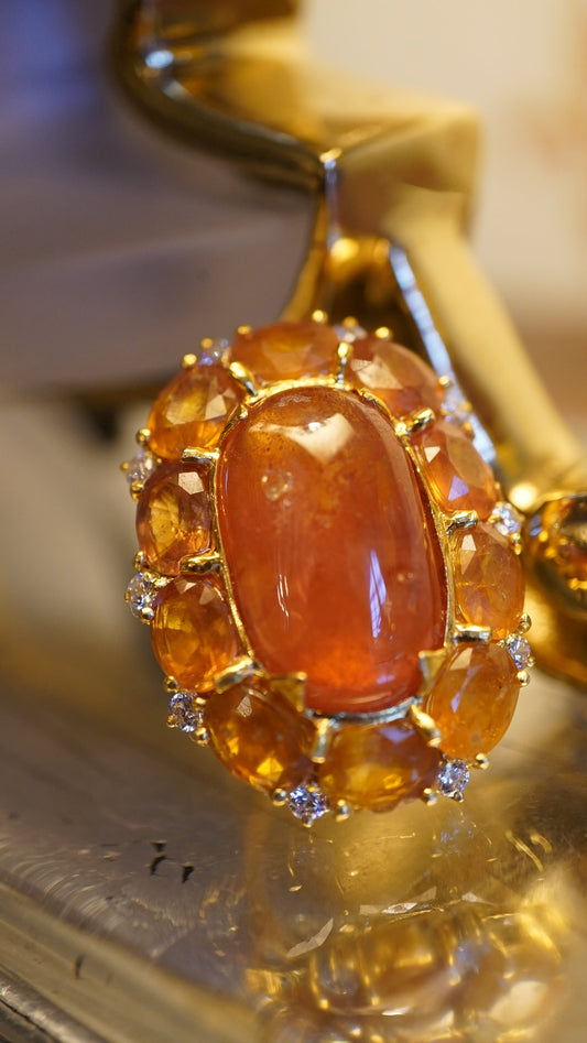 Yellow Sapphire Cabochon Ring with 10 Single-Cut Yellow Sapphires – 18K Gold Plated Sterling Silver